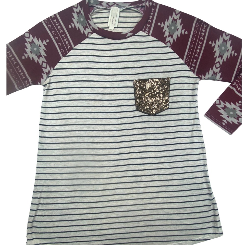 Lilypad Womens Small Striped Sequin Pocket‎ Southwestern Raglan Top Burgundy